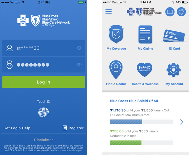 BCBSM mobile app home screen