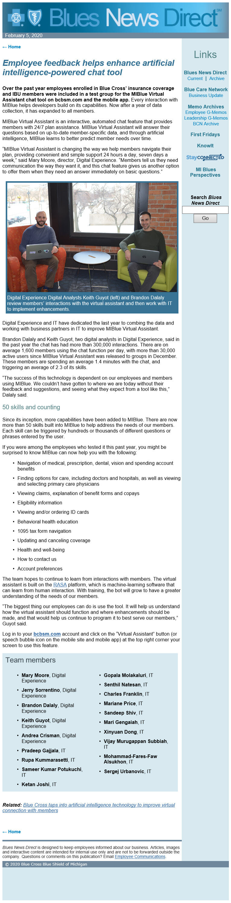 Blue Cross article covering the virtual assistant