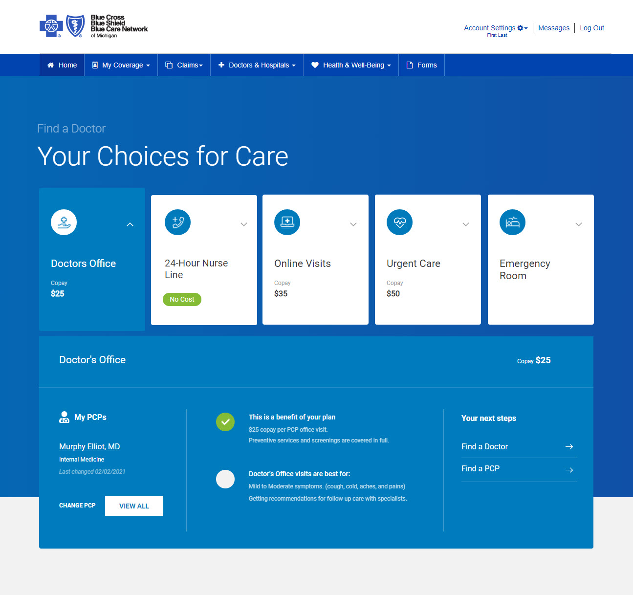 BCBSM care choices screen