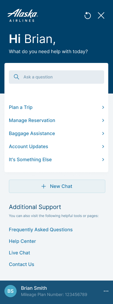 Alaska Airlines virtual companion help panel