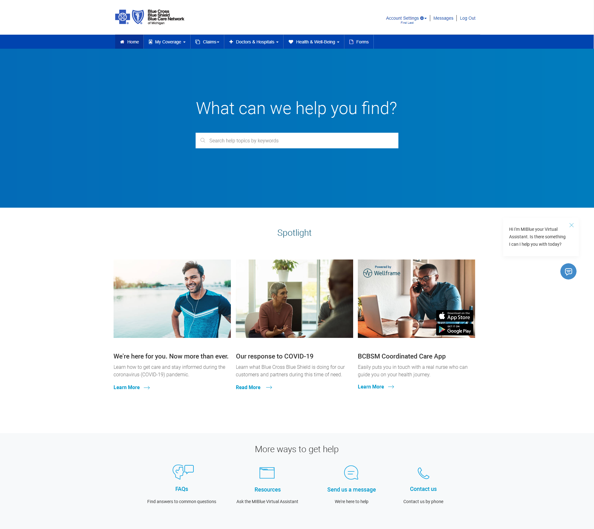 BCBSM help landing page design