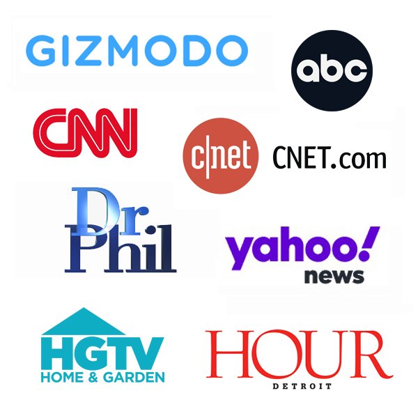 Publicity feature collage showing featured media outlets