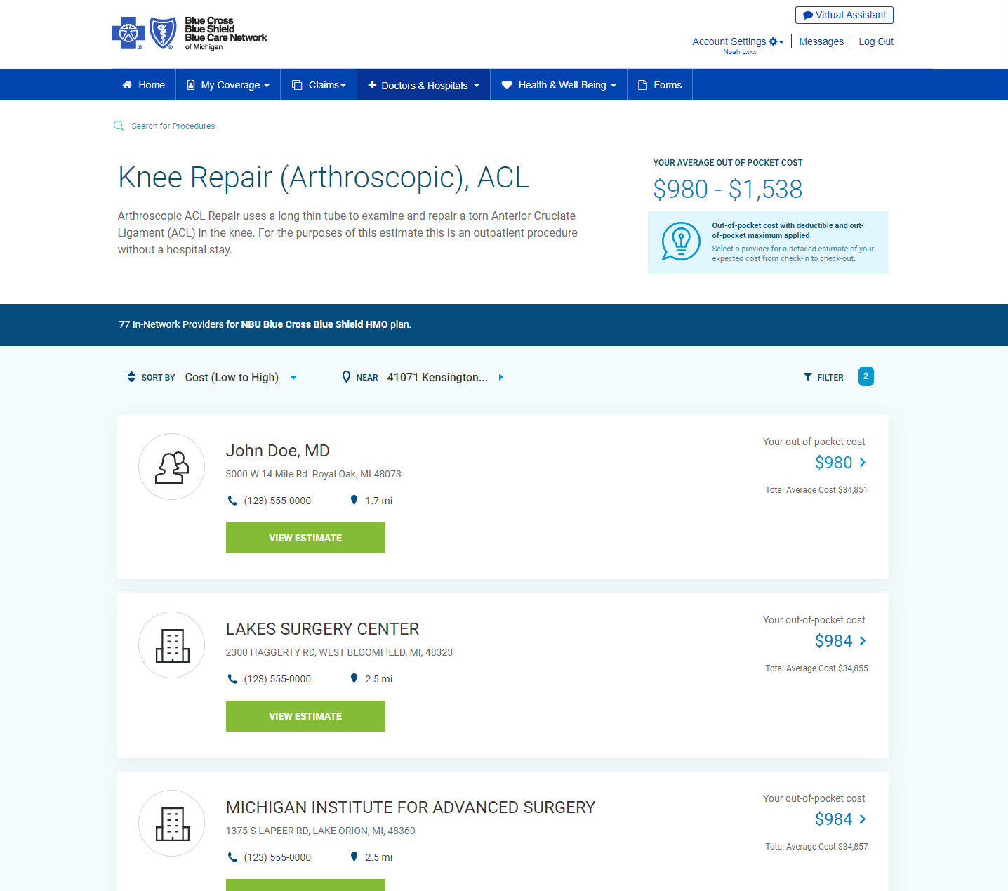 BCBSM summary of benefits screen